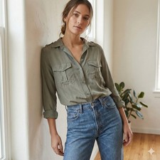 Equipment Femme 100% Silk Top Womens Medium Utility Button Down Sage Green Gray