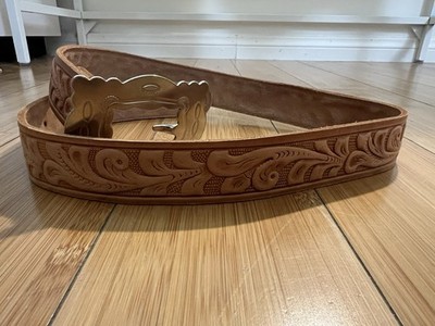 Tan Brown Genuine Leather Belt Size 31 Stamped Tooled Western Scrolls Handmade