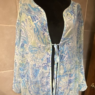 White Stag Plus 22W/24W Sheer Chiffon Paisley V-Neck Tie Blouse Blue/Green