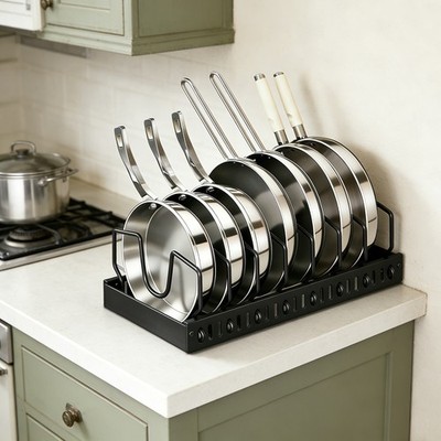 8 Partition Pull Out Pan Organizer, No Drill Cookware Storage Rack for Kitchen