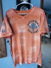 Affliction Shirt Mens Large Orange Live Fast Angel Wings Distressed USA Cotton