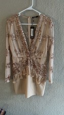 Nasty Gal Beige Rose Gold Sequin Tassel Mesh Long Sleeve Bodycon Dress Size S