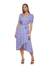 DKNY Womens White Lined Self Tie Waist Pouf Sleeve Midi Faux Wrap Dress 4