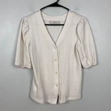 LOFT Puff Sleeve Sweater Blouse Button Up Short Sleeve Cream White Cottage XS