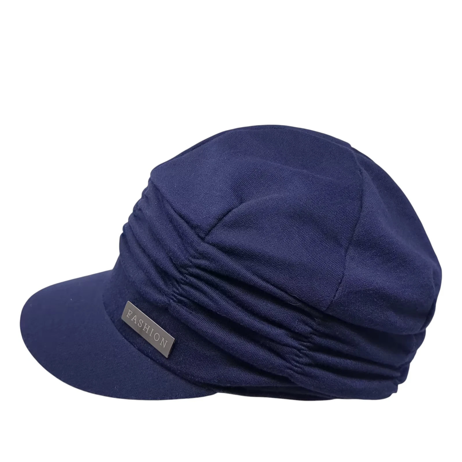 Blue Newsboy Cap OS Hat Ruched Pleated Soft Jersey Fabric Metal Accent Fitted