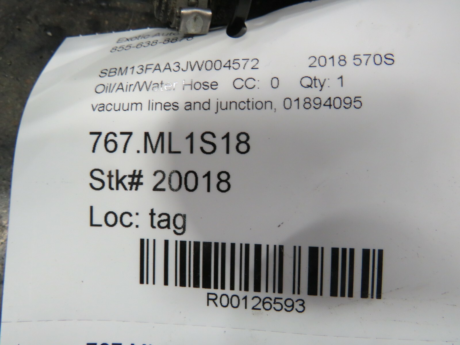 Mclaren 570s, Vacuum Lines and Junction , Used, P/N 01894095