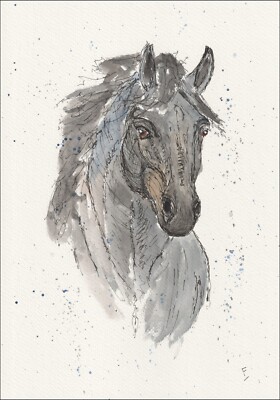 Original Aquarell Gemälde eines Pferdes Reiter zeitgenössisches Wandbild A4