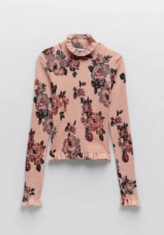 Top Zara Calado Rosa Cuello Alto Simulado Floral Manga Larga Volantes Recortado 9874/101 Foto 4 de 4