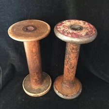 Lot 2 Primitive Wooden Industrial Spools Textile Sewing Bobbin pins antique 9"