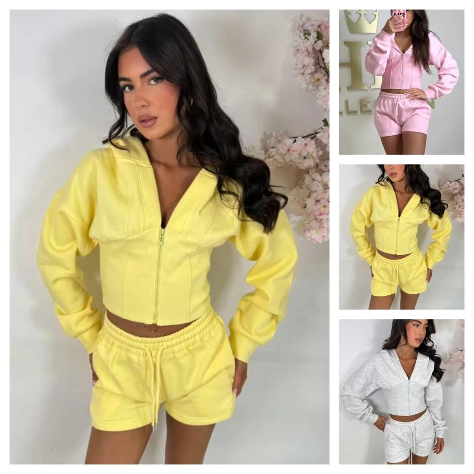 Women's 2pcs Ladies Tracksuit Long Sleeve Cropped Zip Up Hoodie Short Lounge Set