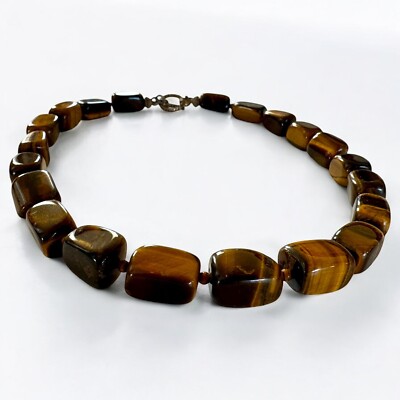 VTG POLISHED BEAD Tiger's Eye 18'' Necklace W/925 Sterling Silver Toggle Clasp