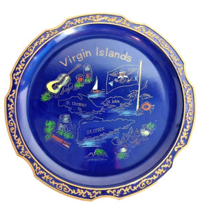Vtg Virgin Islands Souvenir Plastic Tray Plate Blue & Gold 10.5in, Made in Japan