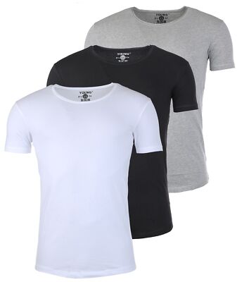 Herren Basic T-Shirt Young & Rich 1702 tiefer Ausschnitt Vintage Look - 3er Pack