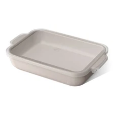 9x13 Stoneware Baker Dish with Lid, Taupe Ceramic Baking Pan