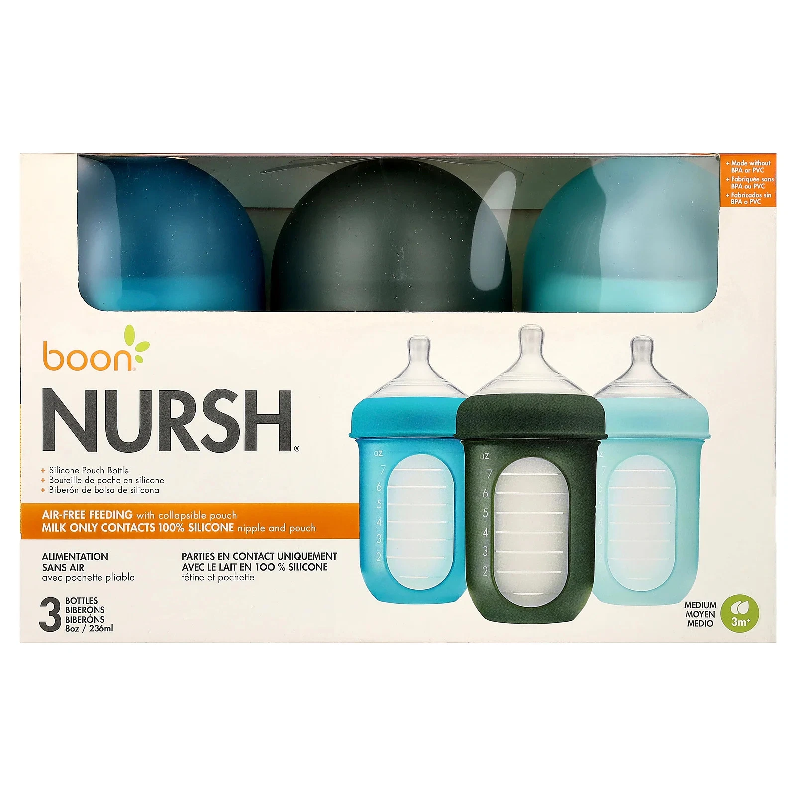 Nursh®, Silicone Pouch Bottle, 3m+, Medium, 3 Bottles, 8 oz (236 ml) Each