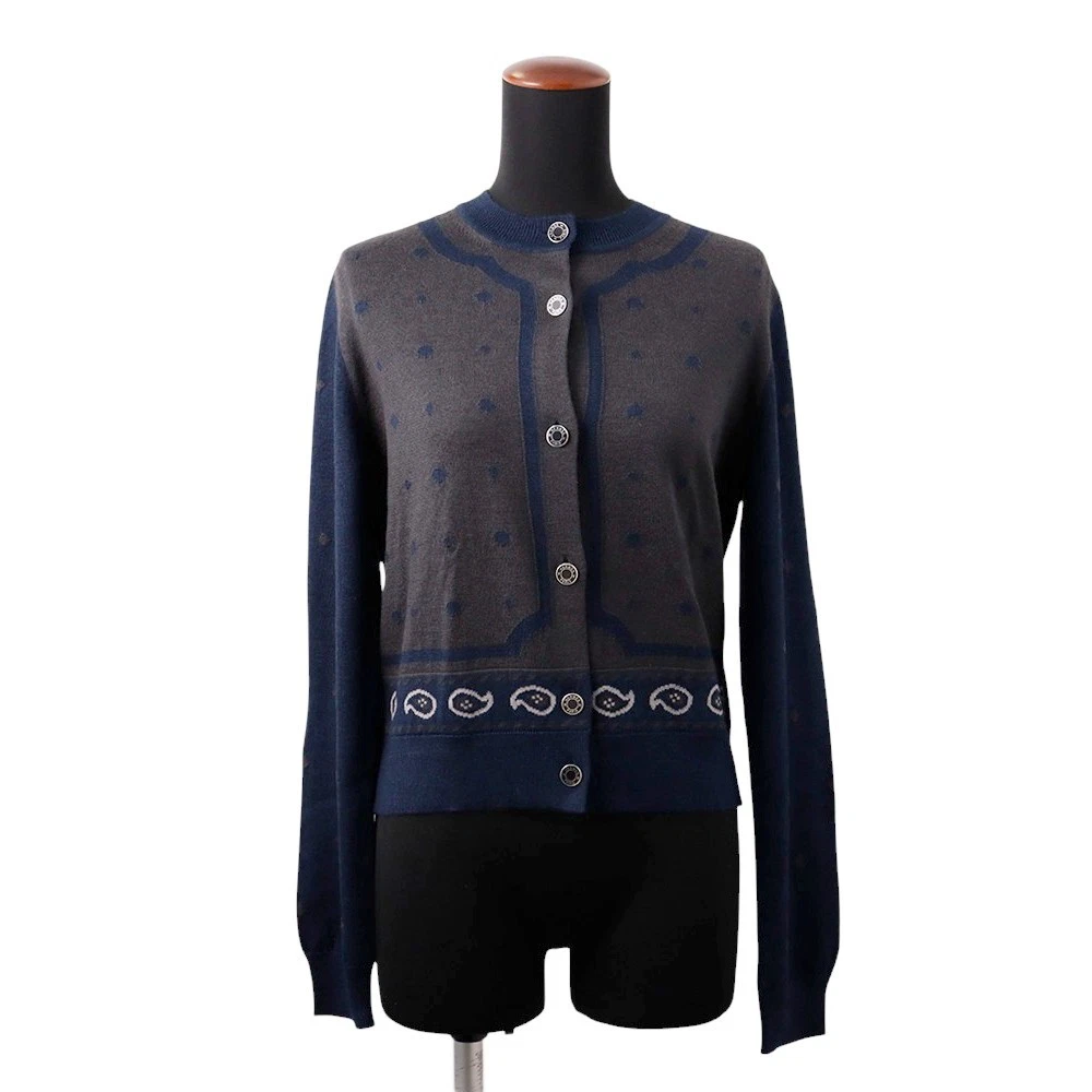 Hermes — HERMES Cardigan HARNAIS DE COUR Size 40 Cashmere50%/Silk50% Gray/Navy