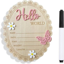 Butterfly Baby Announcement Sign, 5.9X4.7 Inch Wooden Hello World Newborn Signs,