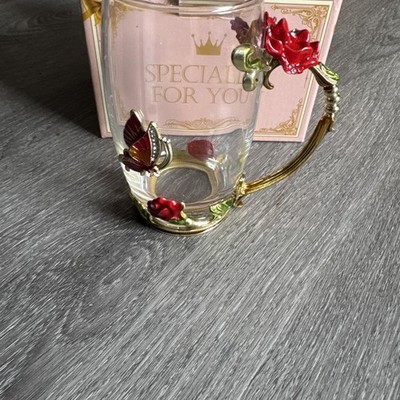 Red Rose Mug Glass Enamel Coffee Cup - Flower Glass Cup