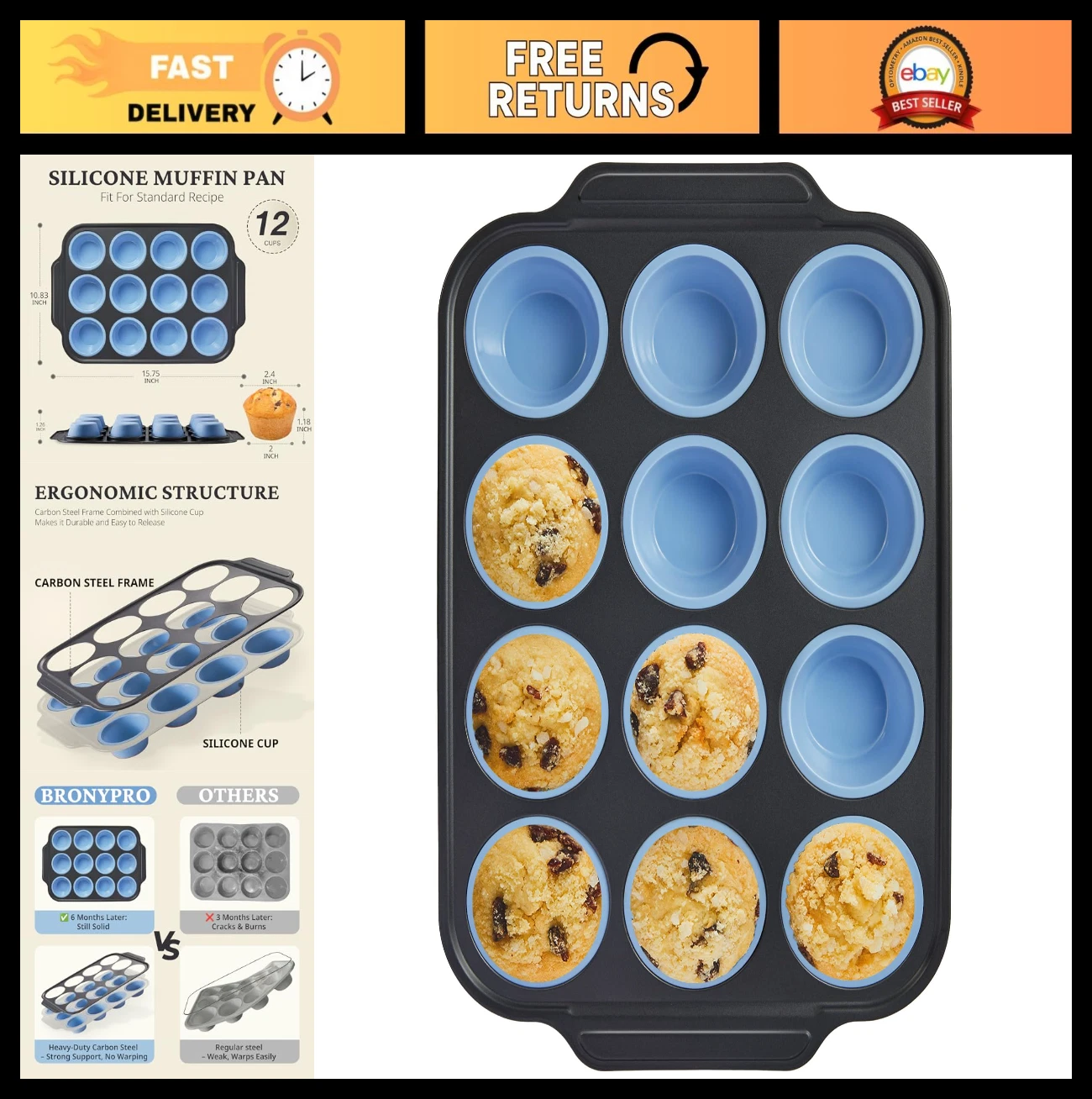 Silicone Muffin Pans with Metal Frame - 12 Cup Nonstick Bakeware for Baking, Blu