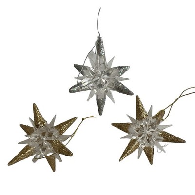 Set of 3 Star Acrylic Ornaments Gold Silver Glitter Holiday Tree Decor