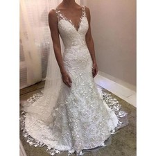 V-Neck Mermaid Wedding Dresses Backless Lace Court Train Bridal Gowns Plus Size