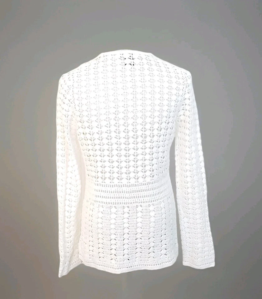 Cárdigan Eddie Bauer Ganchillo a Mano Tejido Abierto Mezcla de Lino Blanco Talla M Foto 4 de 4