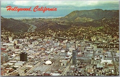 Vintage 1960s HOLLYWOOD, California Postcard Aerial Panorama City View / Unused