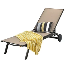 Goplus Patio Lounge Chair Chaise Reclining Aluminum Fabric Adjustable Brown