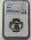 1964 Washington Quarter 25c NGC MS 66 Mint State Brilliant Uncirculated Coin