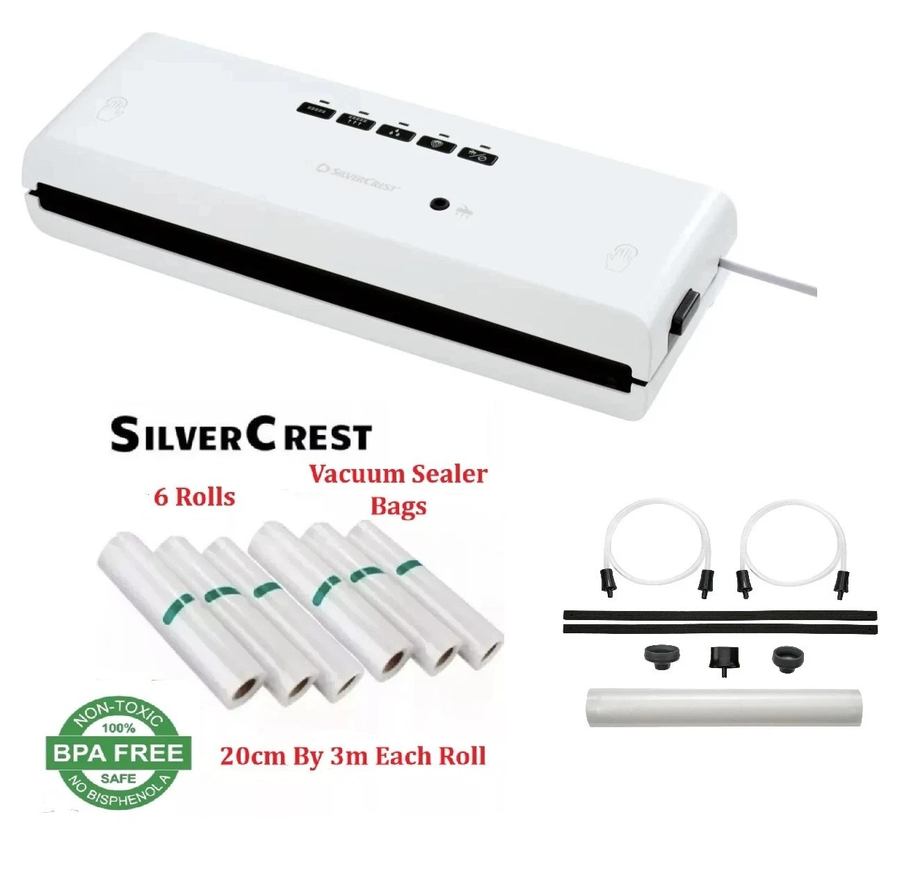 Silvercrest Vacuum Sealer + 7 x 3m Roll & Adaptors Wet & Dry Seals Function 🆕