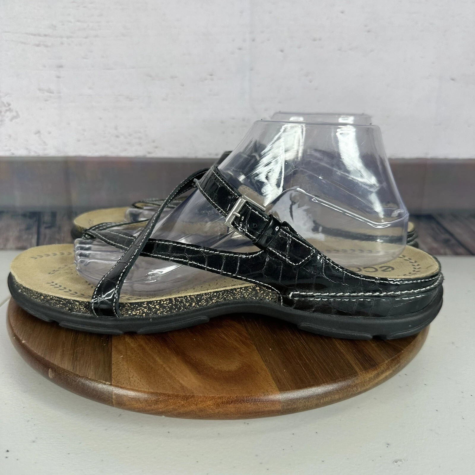 Ecco sandalo donna 11 5 nero pelle comodo slip on cinturino regolabile sughero