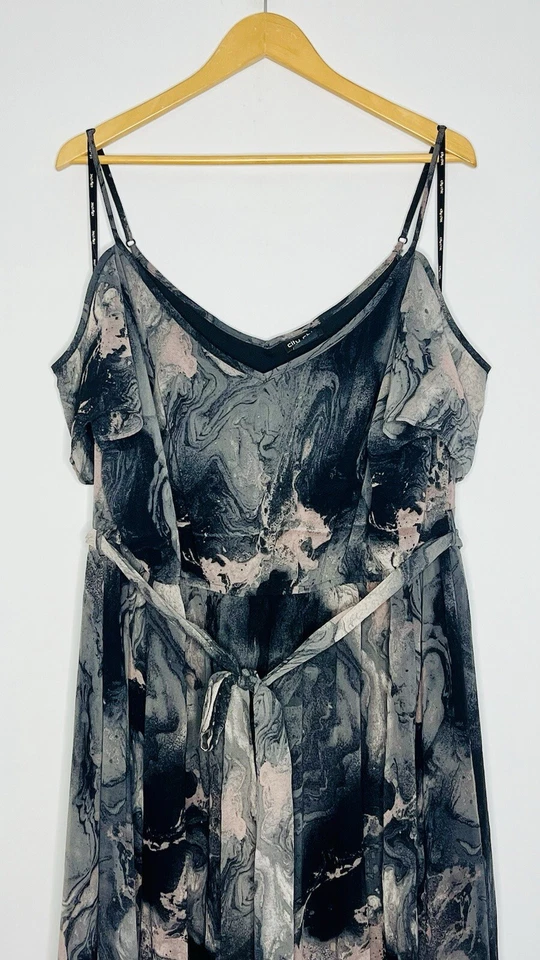 City Chic Plus Size XL 22 Women's Dress Grey Pink Black Marble Sheer Maxi & Belt - image 2 of 4