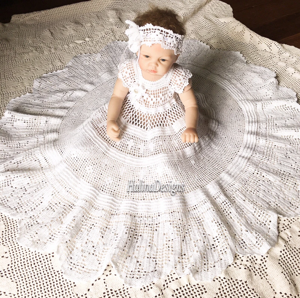 Floral And Scroll Crochet Christening Dress, Headband And Booties Pattern - Image 4 of 4
