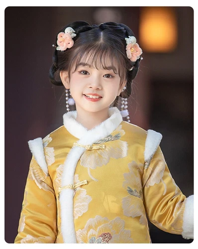Girls Chinese New Year Clothing Thick Retro Cotton Winter Coat Cheongsam Dress - Picture 3 of 13