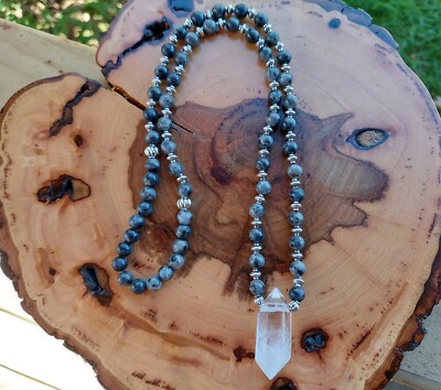  Larvikite (black labradorite) bead necklace with large clear quartz