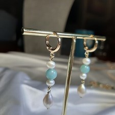 boucles d'oreilles perles de culture dormeuses pendantes pierre amazonite nature