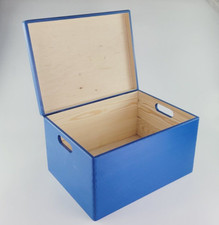 LARGE WOODEN BOX/TOY BOX WITH HANDLES, HAND PAINTED ACRYLIC PAINT IN BLUE