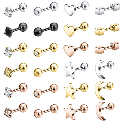 3/6 Pcs 18G Surgical Steel Stud Earring Set CZ Ear Helix Tragus Piercing Jewelry