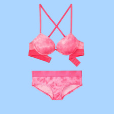 2pc Victoria's Secret PINK SUPER PUSH-UP BRA Panty Pink Daisy Tie Dye 36B,34DD M