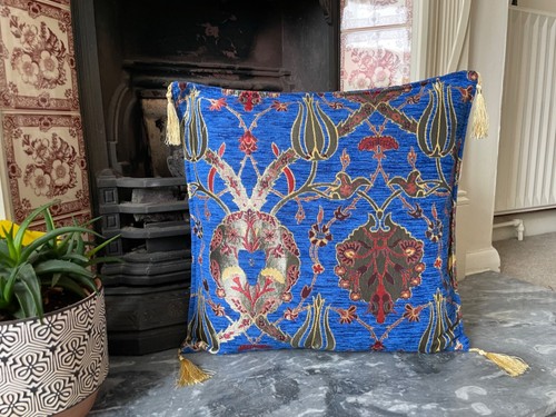 Cobalt Blue Chenille Cushion Cover Floral Throw Pillow Boho Home Decor 40x40cm - Picture 3 of 11