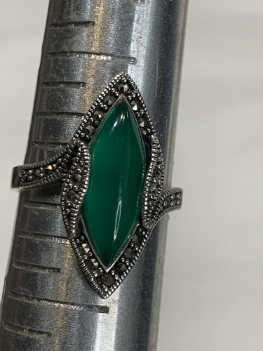 Green Onyx Marcasite 925 Sterling Silver Ring Sz9 Elongated Cabochon