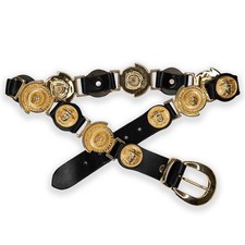 VTG Milos Medallion Medusa Belt Black Leather  Gold Tone Hardware Made in Italy