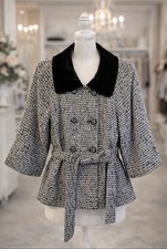 NEW Tahari JORDAN Black Ivory Tweed Belted Blazer Jacket with Velvet Collar 12