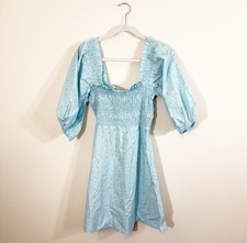 NWT GANNI Corydalis Floral Smocked Puff Sleeve Mini Dress Size 6 Blue Smocked