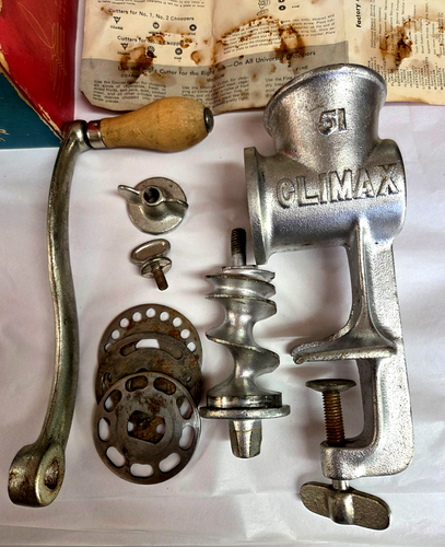 Vintage 50er Jahre CLIMAX FOOD und FLEISCHZERKLEINERER MAHLWERK Modell #1551 in OVP