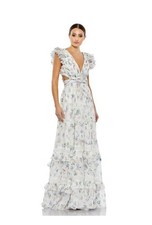 Mac Duggal 68077 Ruffled Sleeveless Deep V-neck Long Floral Chiffon Dress Sz 10
