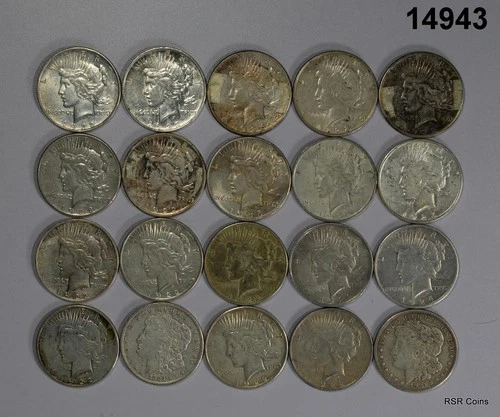 1921 MORGAN & PEACE SILVER DOLLAR ROLL 20 COIN 90% SILVER VF+ XF #14943