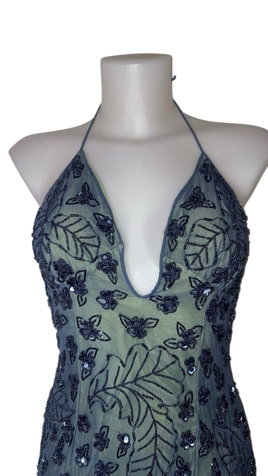 Vestido sin Mangas De Colección Años 90 Para Mujer Verde Seda Con Cuentas Floral Capricho Bruja Grunge Talla S Foto 2 de 4