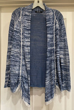 NIC  ZOE Sweater-Blue/White Marled Linen Blend Open Cardigan, Petite Medium