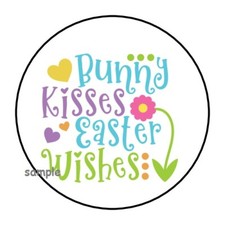 30 EASTER ENVELOPE SEALS LABELS STICKERS 1.5" ROUND BUNNY KISSES EASTER WISHES